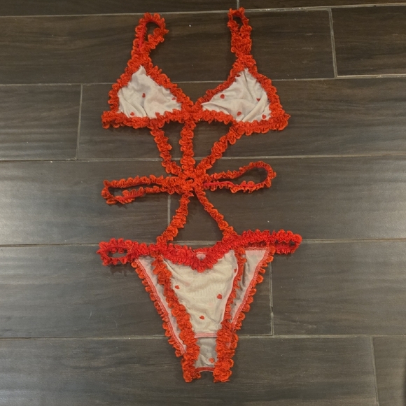 I Think Its Agent Provacator Other - RARE Biege Mesh And Red Hearts W/ Lace Intimate NWOT